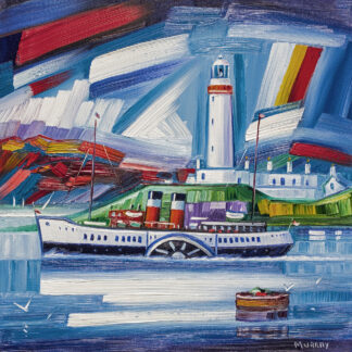 Colorful expressionist painting of a paddle steamer ship near a lighthouse under dynamic, angular strokes of light. By Raymond Murray